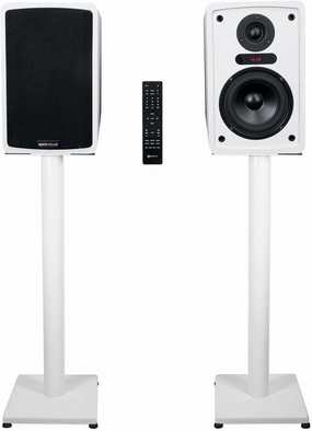 Rockville ELITE-5W 5.25" Powered White Bookshelf Speakers w/Bluetooth 29" Stands bookshelf speakers,compact stereo speakers,hi-fi shelf speakers,
