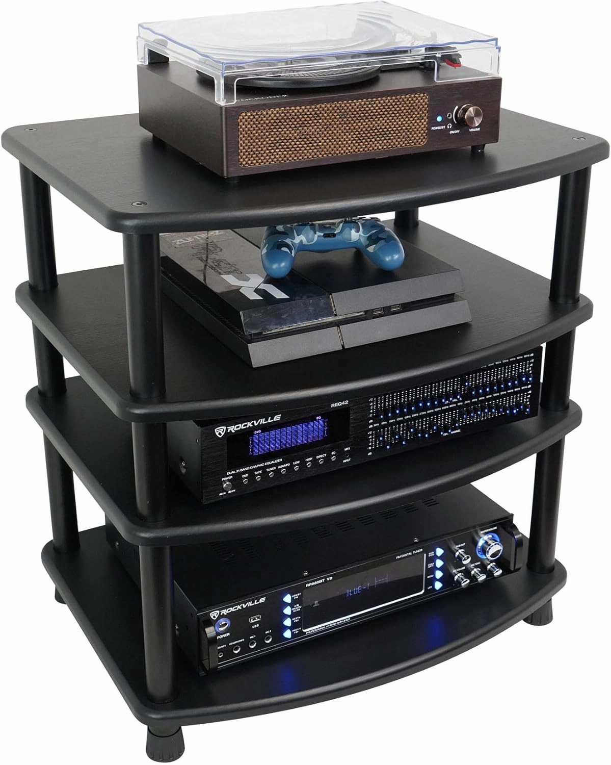 Rockville FLX Black Adjustable Height 4 Shelf Home Theater Audio Rack Stand, 24"x18", 300lb Limit, Steel Tubes, Perfect for Home Theaters, Studios audio rack,hi-fi component stand,media shelf,