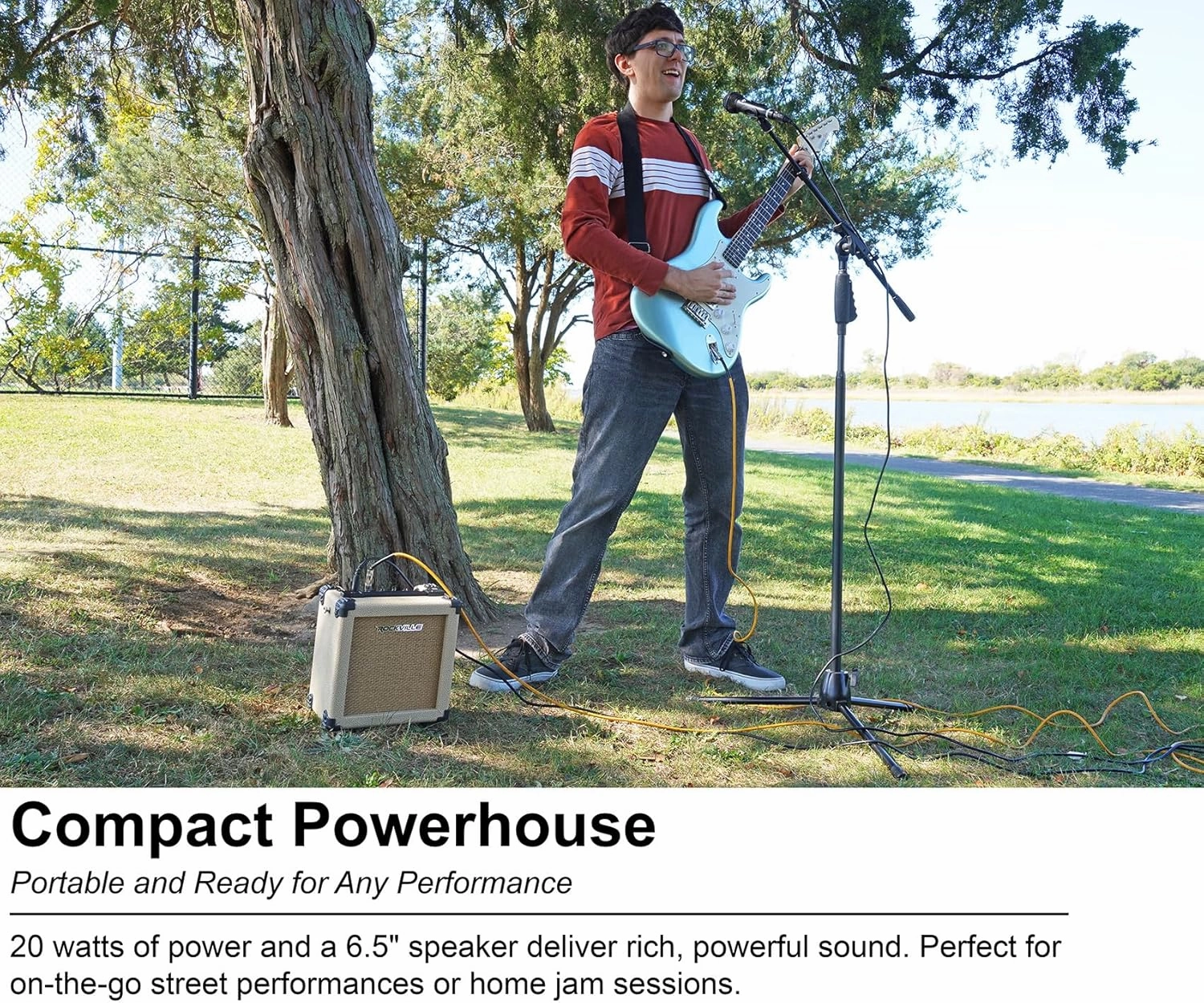 Rockville G-CHARGE 20 Beige 20W Battery-Powered Guitar Amplifier, 6.5 Speaker, Spring Reverb, Bluetooth, Mic Input, Kickback Stand, Rechargeable Amp, For Street Performances, Home Jams & Outdoor Play