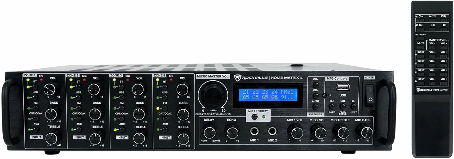 Rockville Home Matrix 4 600W Multi Room Receiver/Amplifier, 8-Channel, Bluetooth/USB/SD, Multi-Source, Perfect for Home Audio integrated amplifier,stereo receiver,hi-fi amp combo,