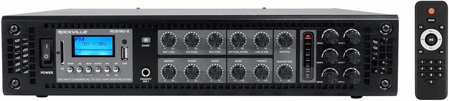 Rockville RCS180-6 180W 6 Zone 70v Commercial Amplifier with 3 x 1/4" Mic Inputs, Bluetooth, Multi-Room Audio, SD/USB Inputs, Perfect for Restaurants/Offices AV receiver,surround receiver,home theater amplifier,
