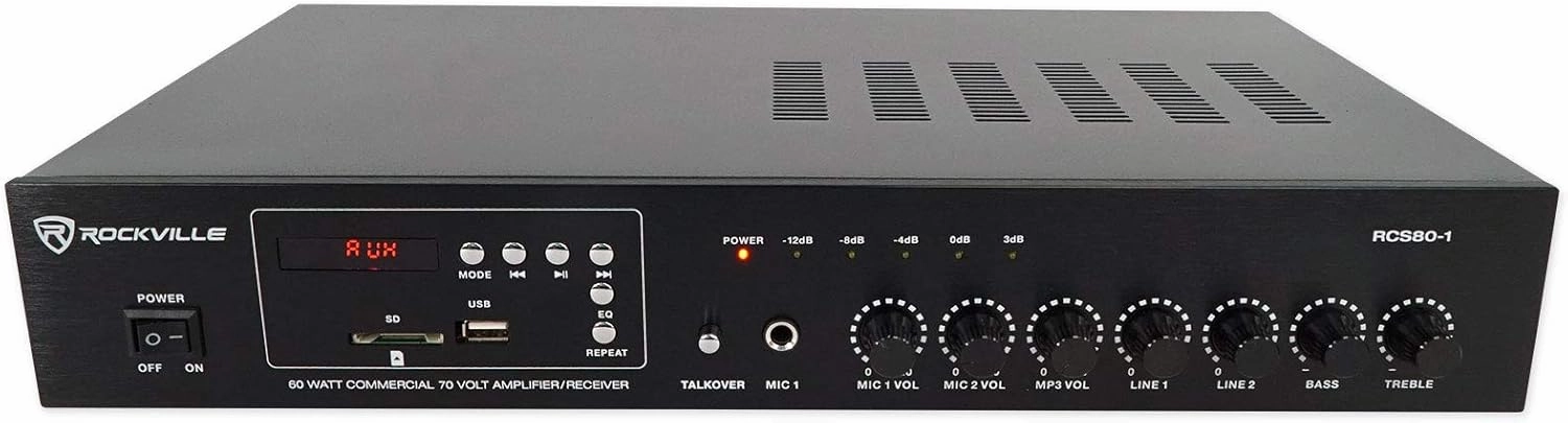Rockville RCS80-1 60 Watt 70v Commercial Amplifier/Bluetooth 5.0 Receiver, Multi-Zone Audio, USB/SD Inputs, FM Radio, for Restaurants and Small Businesses