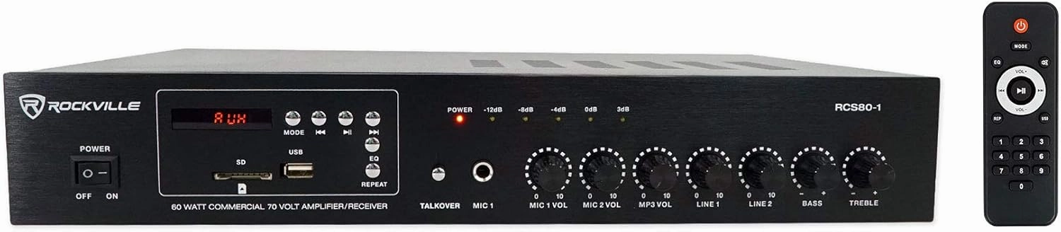 Rockville RCS80-1 60 Watt 70v Commercial Amplifier/Bluetooth 5.0 Receiver, Multi-Zone Audio, USB/SD Inputs, FM Radio, for Restaurants and Small Businesses audio rack,hi-fi component stand,media shelf,