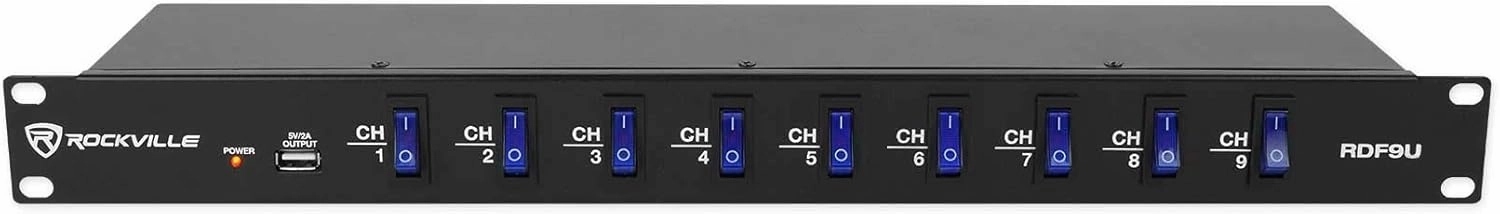Rockville RDF9U 15A 1U Rack Mount Power Supply Strip, 9 Outlets with Switches, USB Charging, Surge Protection, Perfect for DJs and Pro Audio audio rack,hi-fi component stand,media shelf,