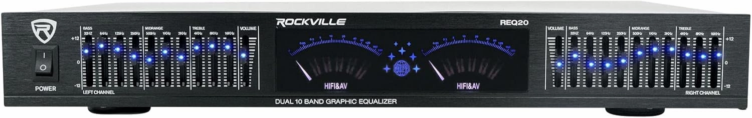 Rockville REQ20 Dual 10 Band Graphic Equalizer 19" Rack Mount, VU Meters, XLR/1/4" Connectivity, Low-Noise, for Live Sound and Studio Recording audio rack,hi-fi component stand,media shelf,