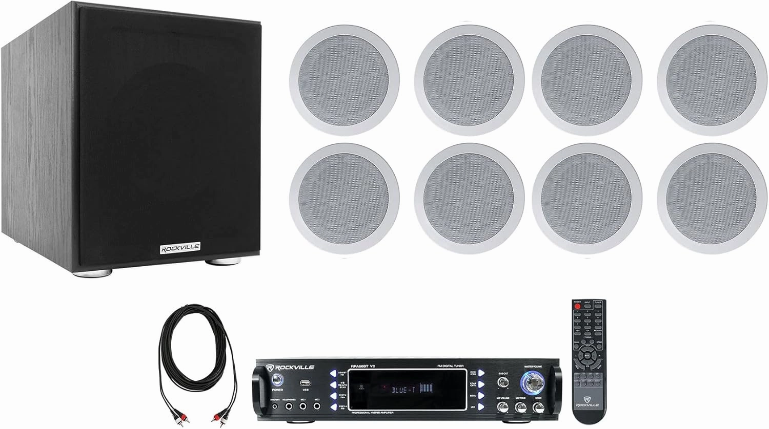 Rockville RPA60BT Home Theater Receiver Amp (8) 5.25" White Ceiling Speakers Sub surround sound system,cinema audio kit,5.1 surround package,