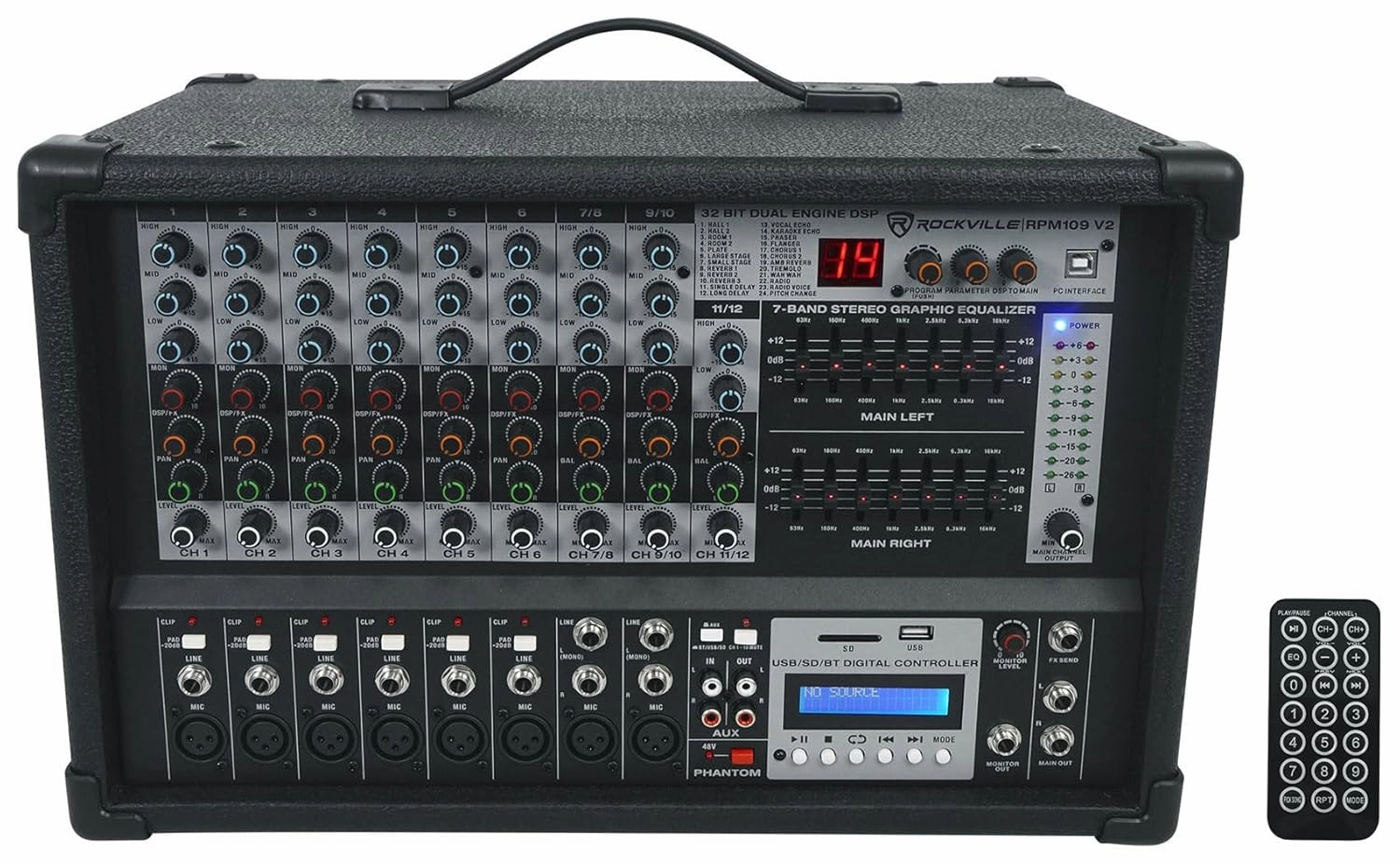 Rockville RPM109 V2 12 Channel 4800w Powered Mixer, 7 Band EQ, Effects, USB, 48V, Built-in Effects, Versatile Connectivity, Durable Design, for Live Sound and Studio Recording power amplifier,stereo amp,hi-fi power amp,