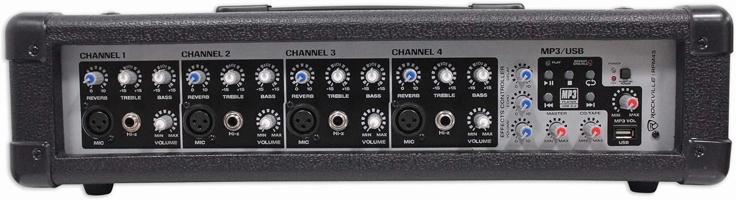 Rockville RPM45 1800w Powered 4-Channel Mixer Amplifier, USB, Effects, Phantom Power, Durable Wooden Enclosure, Compact Design, for Musicians and Small Venues power amplifier,stereo amp,hi-fi power amp,