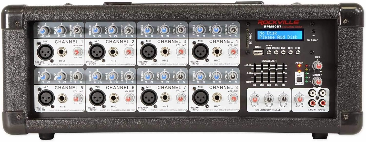 Rockville RPM80BT 2400W Powered 8 Channel Mixer/Amplifier, Bluetooth, EQ, Effects, USB Playback, Phantom Power, Perfect for Live Music and Studio Recording power amplifier,stereo amp,hi-fi power amp,