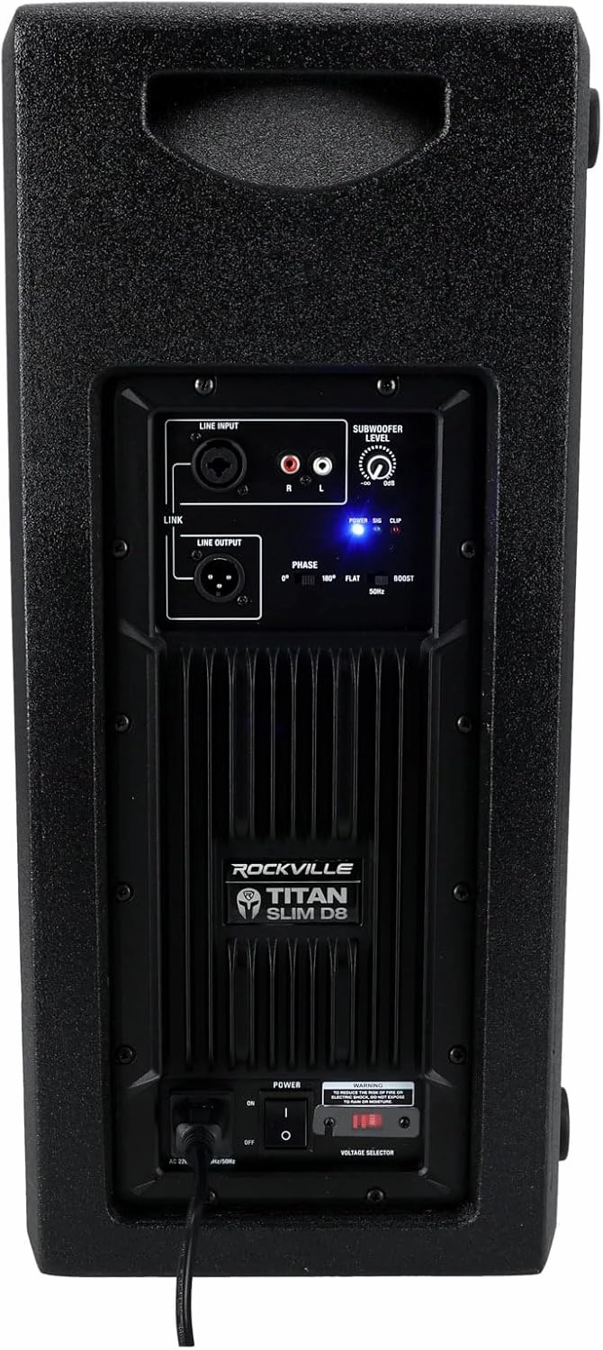 Rockville TITAN SLIM D8 Powered Subwoofer, Dual 8" Woofers, 400W RMS/1600W Peak, 122dB SPL, Stackable, Vertical/Horizontal Mount, XLR/RCA Inputs, Bass Boost, Compact Plywood Enclosure for DJ/Live