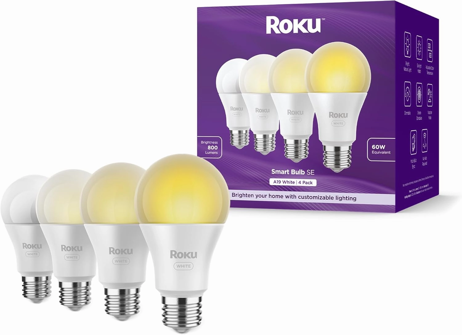 Roku Smart Light Bulbs (White, 4-Pack) - Dimmable A19 Lightbulbs with Adjustable Brightness & Temperature - WiFi Smart Bulbs Works Voice, Alexa & Google Assistant, No Hub Required smart audio hub,voice control speaker,Alexa compatible audio,