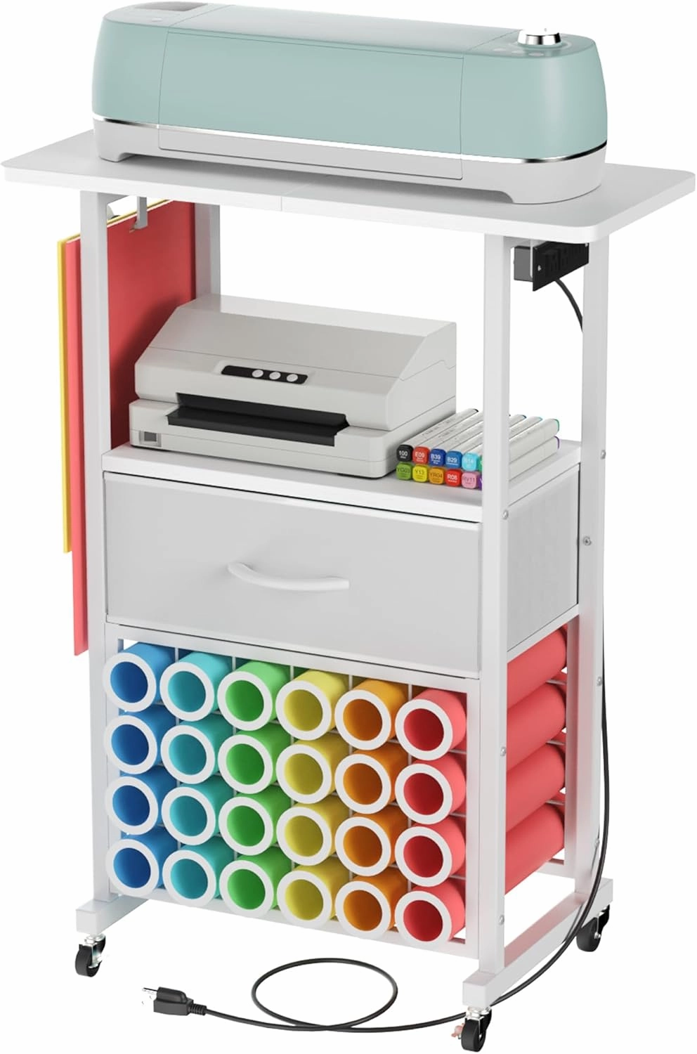 Rolling Craft Cart with Charging Station & Fabric Drawer, 24 Vinyl Roll Holders for Cricut, Organizers and Storage Compatible with Maker, Organization for Craft Room, White vinyl storage,record holder,LP organizer,