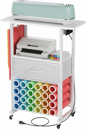 Rolling Craft Cart with Charging Station & Fabric Drawer, 24 Vinyl Roll Holders for Cricut, Organizers and Storage Compatible with Maker, Organization for Craft Room, White vinyl storage,record holder,LP organizer,