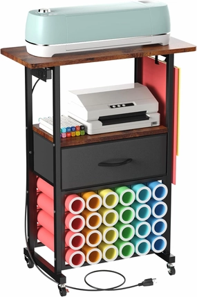 Rolling Craft Cart with Fabric Drawer & Charging Station, Craft Organizers and Storage Compatible with Cricut Maker, 24 Vinyl Roll Holders for Cricut Cart, Cricut Organization (Rustic Black and Brown) vinyl storage,record holder,LP organizer,