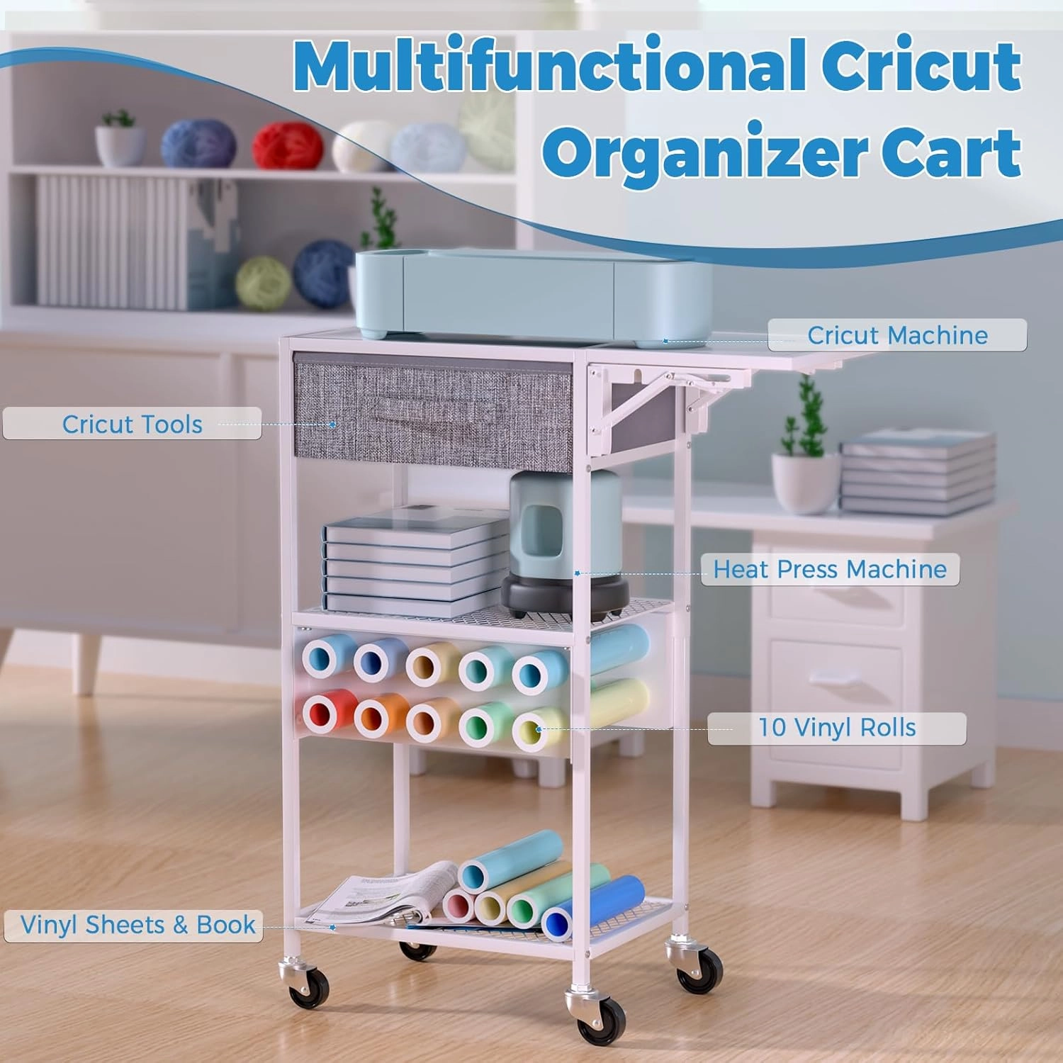 Rolling Cricut Storage Organizer Cart Compatible with Cricut Machine, Cricut Vinyl Roll Holder Foldable Craft Organizers and Storage Cart with Drawer, Cricut Table Workstation for Home Craft Room