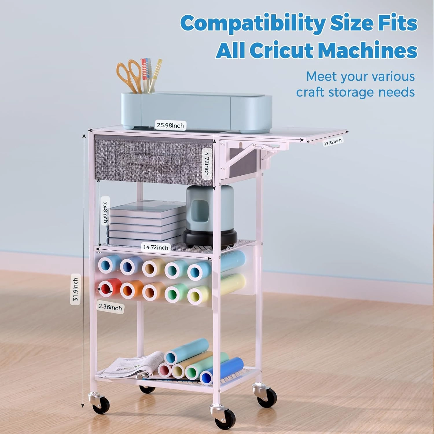 Rolling Cricut Storage Organizer Cart Compatible with Cricut Machine, Cricut Vinyl Roll Holder Foldable Craft Organizers and Storage Cart with Drawer, Cricut Table Workstation for Home Craft Room