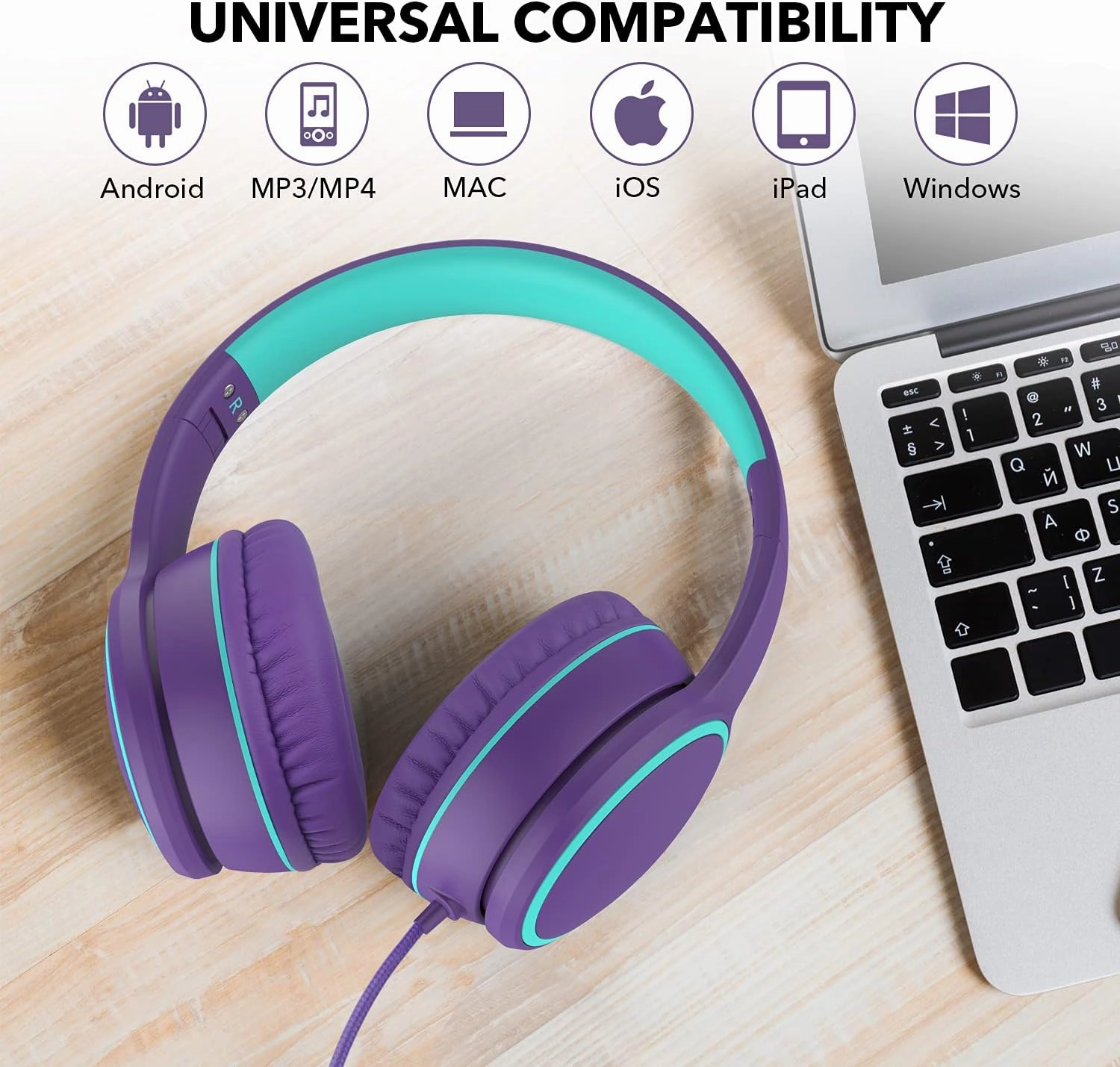 RORSOU R10 Over-Ear Headphones with Microphone, Lightweight Folding Stereo Bass Headset with 1.5M No-Tangle Cord, Portable Wired Headphones for Smartphone Tablet Computer MP3 / 4 (Purple)