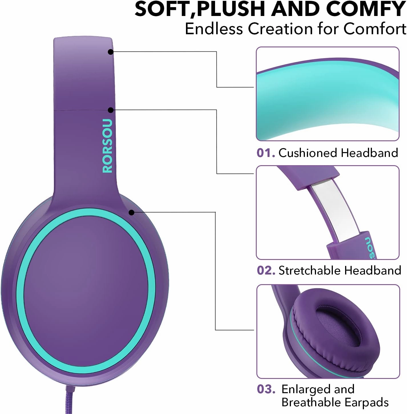 RORSOU R10 Over-Ear Headphones with Microphone, Lightweight Folding Stereo Bass Headset with 1.5M No-Tangle Cord, Portable Wired Headphones for Smartphone Tablet Computer MP3 / 4 (Purple)