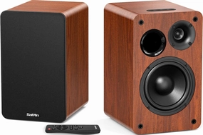Saiyin Bluetooth Bookshelf Speakers for Record Player, Powered Studio Monitor Speaker with 5.2 Inch Woofer, Horn Tweeter and Optical RCA Inputs, Subwoofer Line Out for Turnable. bookshelf speakers,compact stereo speakers,hi-fi shelf speakers,