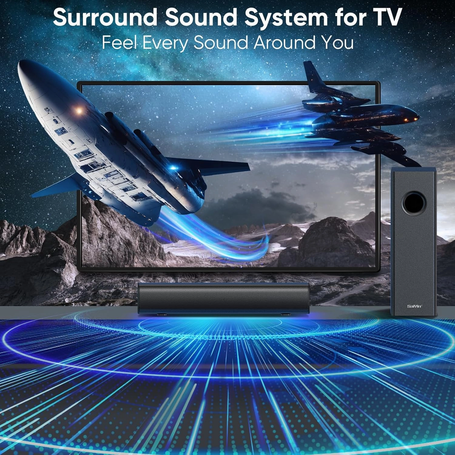 Saiyin Soundbar with 4'' Subwoofers - 70W Rounded-Edge Subwoofer & Compact Soundbar for TV, 2.1 Audio Enhanced Surround Sound System for TV, Bluetooth/Optical/AUX Connection for TV/PC