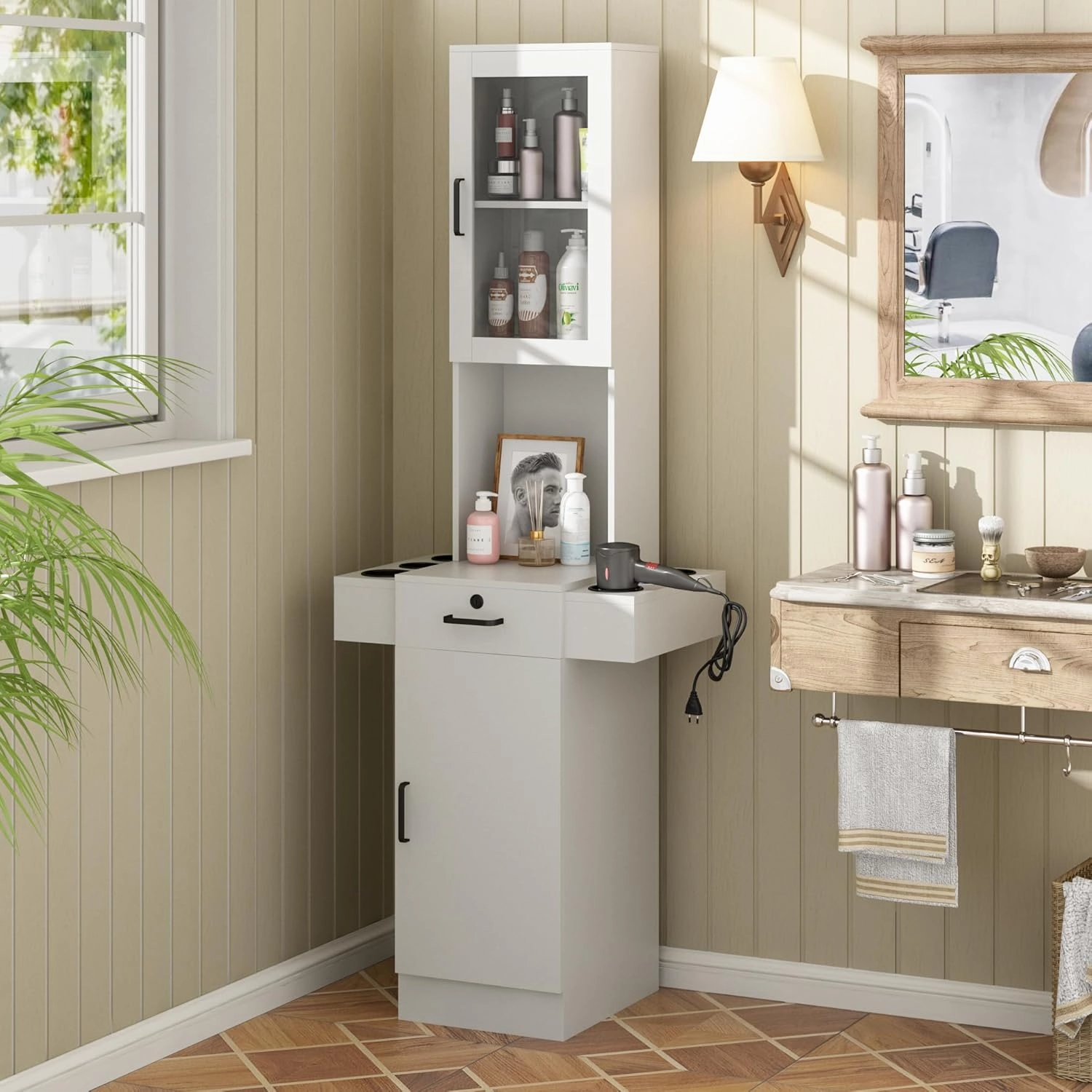 Salon Station for Hair Stylist,Hair Styling Storage Cabinet with Glass Door,Tool Dryer Holders, Salon Beauty Spa Barber Hair Staion, White equipment cabinet,AV gear cabinet,component enclosure,