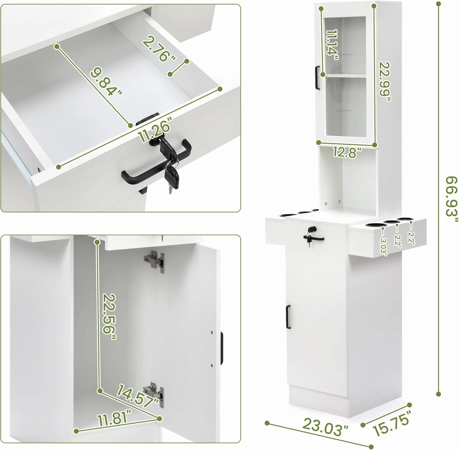 Salon Station for Hair Stylist,Hair Styling Storage Cabinet with Glass Door,Tool Dryer Holders, Salon Beauty Spa Barber Hair Staion, White