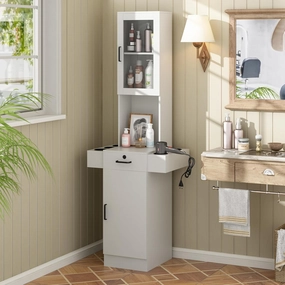 Salon Station for Hair Stylist,Hair Styling Storage Cabinet with Glass Door,Tool Dryer Holders, Salon Beauty Spa Barber Hair Staion, White equipment cabinet,AV gear cabinet,component enclosure,