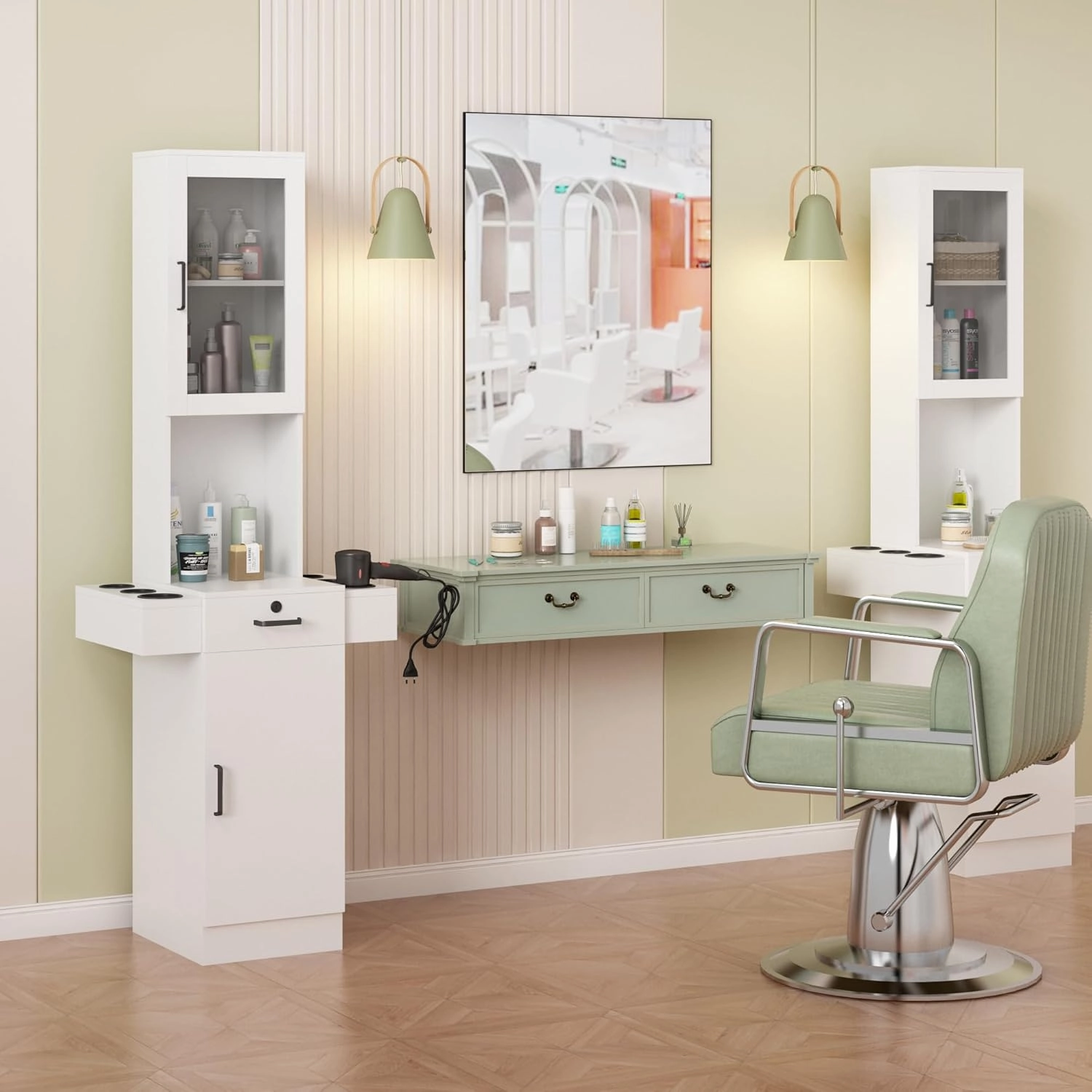 Salon Station for Hair Stylist,Hair Styling Storage Cabinet with Glass Door,Tool Dryer Holders, Salon Beauty Spa Barber Hair Staion, White
