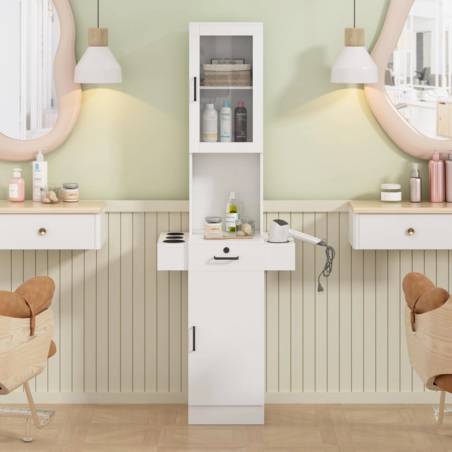 Salon Station for Hair Stylist,Hair Styling Storage Cabinet with Glass Door,Tool Dryer Holders, Salon Beauty Spa Barber Hair Staion, White