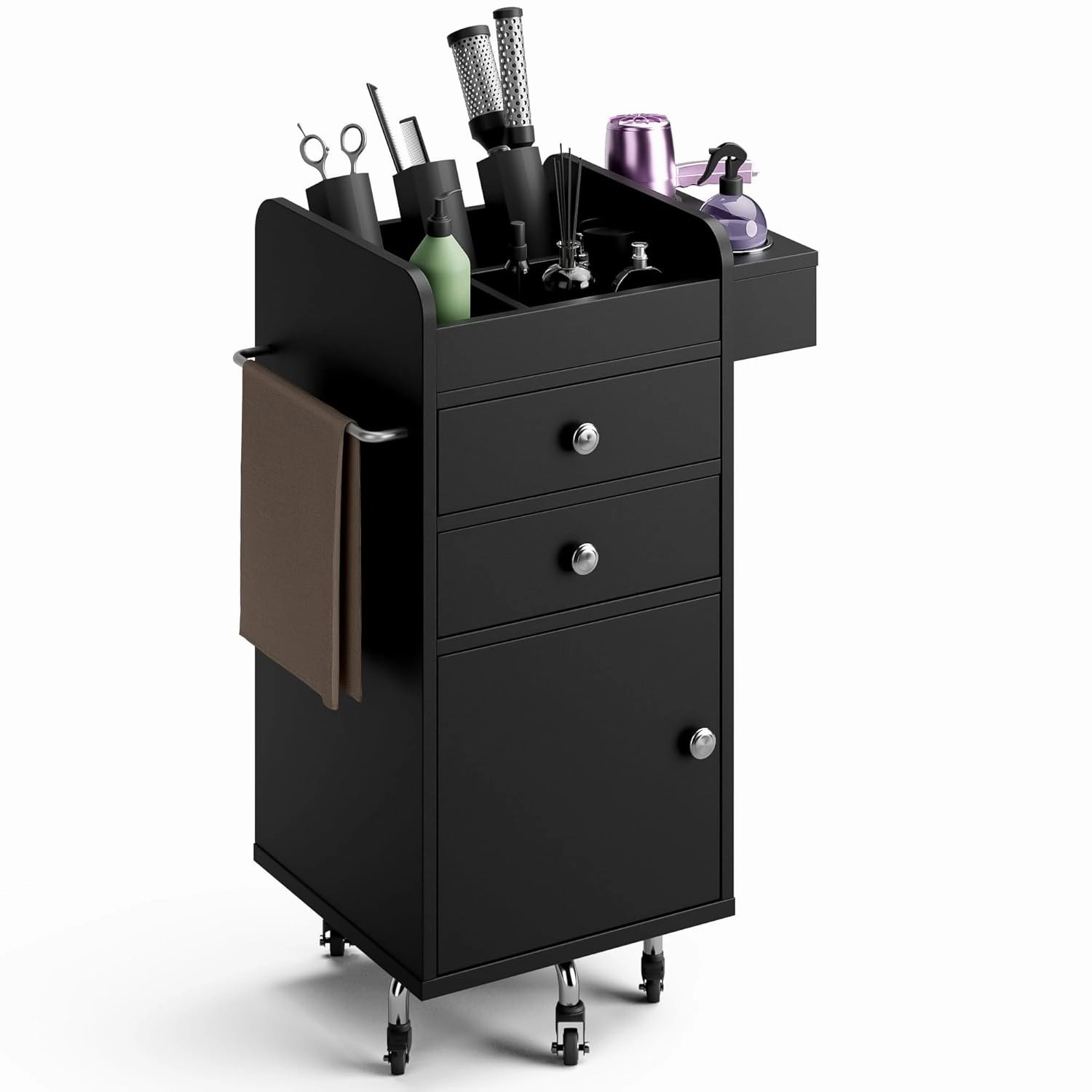 Salon Storage Trolley Cart with 5 Wheels, Dual-Access Rolling Barber Station w/Hair Dryer Holders, Towel Rack, Two-Way Drawers & Cabinet, Salon Storage Equipment for Hair Stylist, Black equipment cabinet,AV gear cabinet,component enclosure,