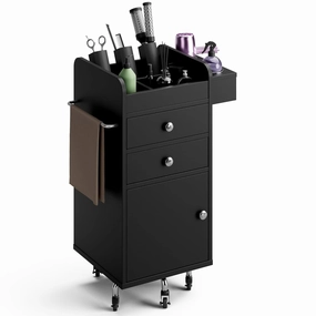 Salon Storage Trolley Cart with 5 Wheels, Dual-Access Rolling Barber Station w/Hair Dryer Holders, Towel Rack, Two-Way Drawers & Cabinet, Salon Storage Equipment for Hair Stylist, Black equipment cabinet,AV gear cabinet,component enclosure,