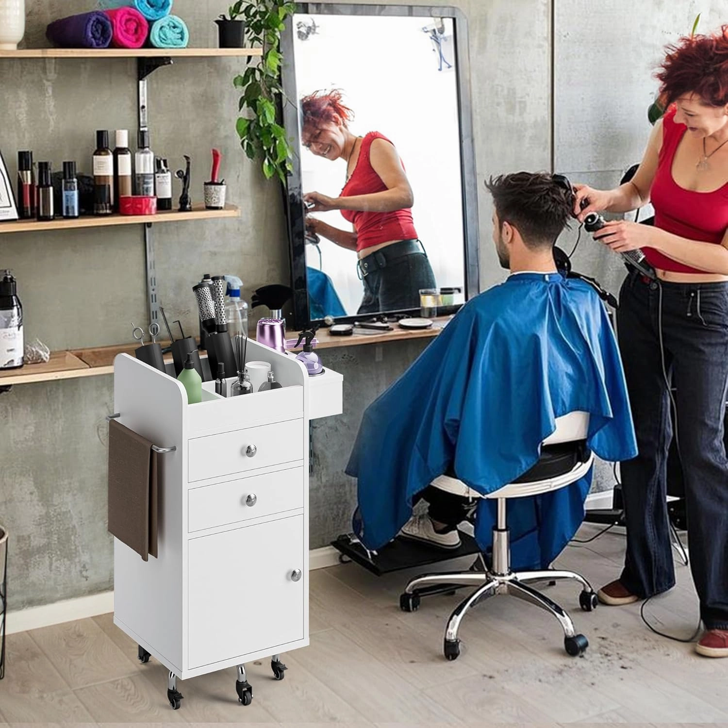Salon Storage Trolley Cart with 5 Wheels, Dual-Access Rolling Barber Station w/Hair Dryer Holders, Towel Rack, Two-Way Drawers & Cabinet, Salon Storage Equipment for Hair Stylist, White