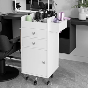 Salon Storage Trolley Cart with 5 Wheels, Dual-Access Rolling Barber Station w/Hair Dryer Holders, Towel Rack, Two-Way Drawers & Cabinet, Salon Storage Equipment for Hair Stylist, White equipment cabinet,AV gear cabinet,component enclosure,
