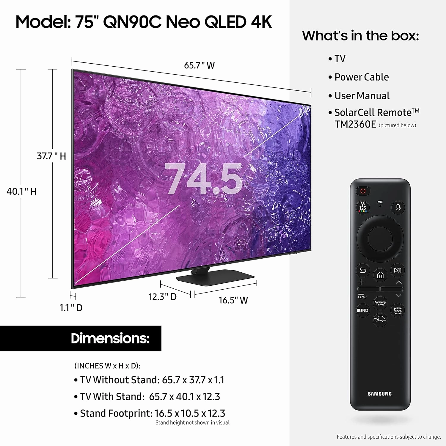SAMSUNG 75-Inch Class Neo QLED 4K QN90C Series Quantum HDR , Dolby Atmos, Object Tracking Sound , Anti-Glare, Gaming Hub, Q-Symphony, Smart TV with Alexa Built-in (QN75QN90C, 2023 Model)