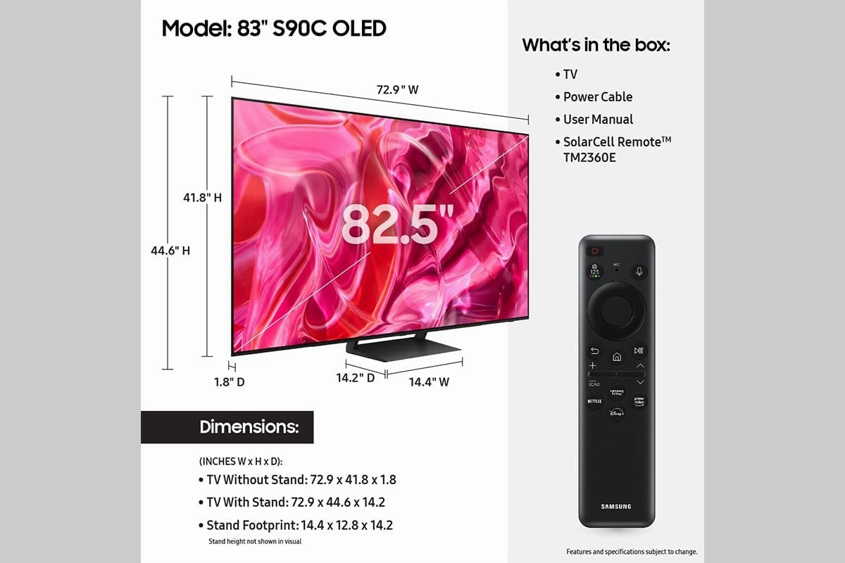 Samsung 83-Inch Class OLED 4K S90C Series Quantum HDR, Dolby Atmos Object Tracking Sound Lite, Ultra Thin, Q-Symphony 3.0, Gaming Hub, Smart TV with Alexa Built-in (QN83S90C, 2023 Model)
