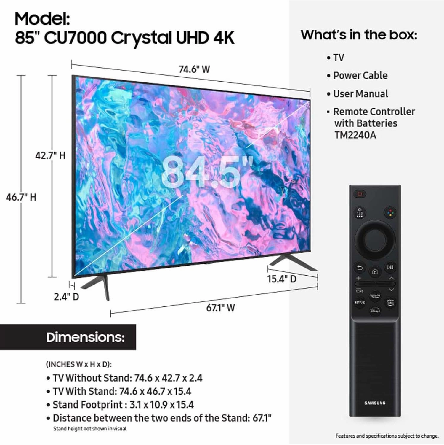 SAMSUNG 85-Inch Class Crystal UHD CU7000 Series PurColor, Object Tracking Sound Lite, Q-Symphony, 4K Upscaling, HDR, Gaming Hub, Smart TV with Alexa Built-in (UN85CU7000, 2023 Model)