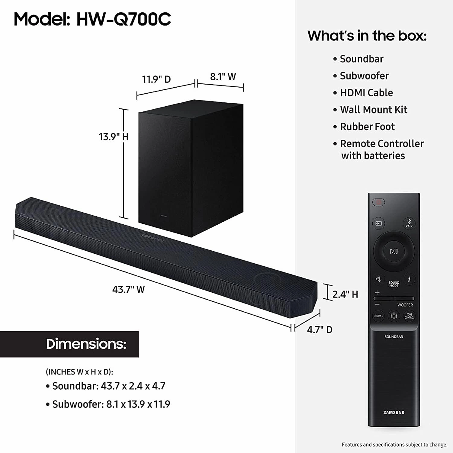 SAMSUNG HW-Q700C 3.1.2ch Soundbar w/Wireless Dolby Audio, Q-Symphony, SpaceFit Sound Pro, Adaptive Sound, Game Mode Pro, Airplay 2, Tap Sound, Chromecast and Alexa Built-in (Model) (Renewed)