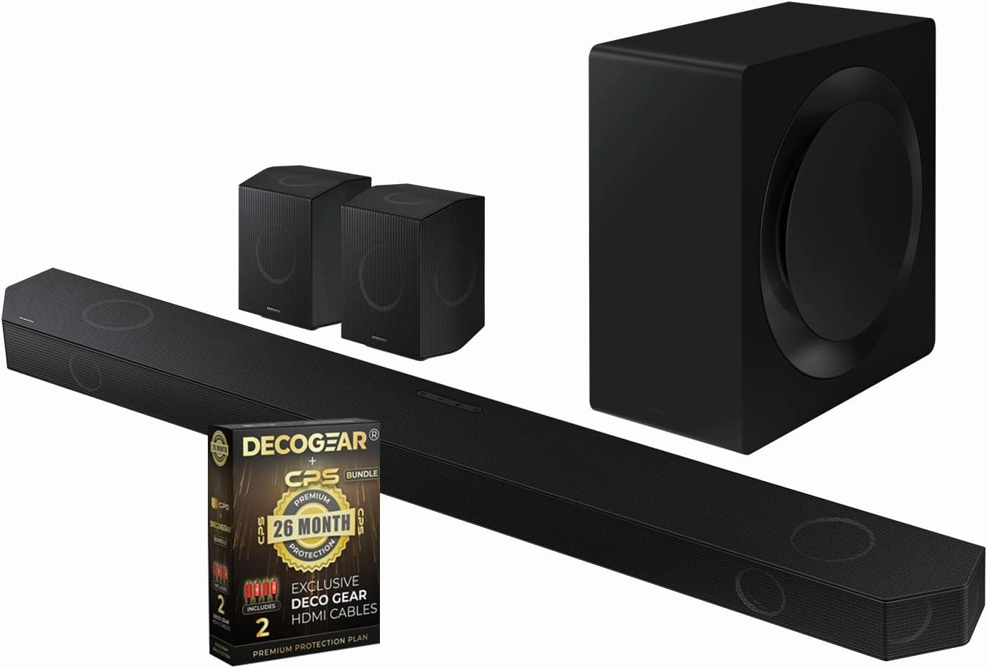 SAMSUNG HW-Q990D 11.1.4ch Soundbar w/Rear Speaker, Wireless Dolby Atmos Audio (2024)   2X 4K HDMI 2.0 Cable w/Pure Copper Conductors & Deco Gear CPS Exclusive 1-Year Protection soundbar,TV speaker bar,home theater soundbar,