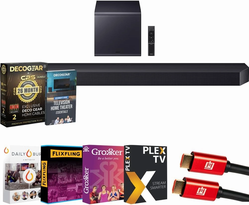 SAMSUNG Q Series Soundbar HW-Q900F 7.1.2 ch Subwoofer (2025) Bundle with Premiere Movies Streaming, 2X HDMI Cable, CPS 26 Month Protection & Deco Gear Complete Home Theater Beginner's Guidebook soundbar,TV speaker bar,home theater soundbar,