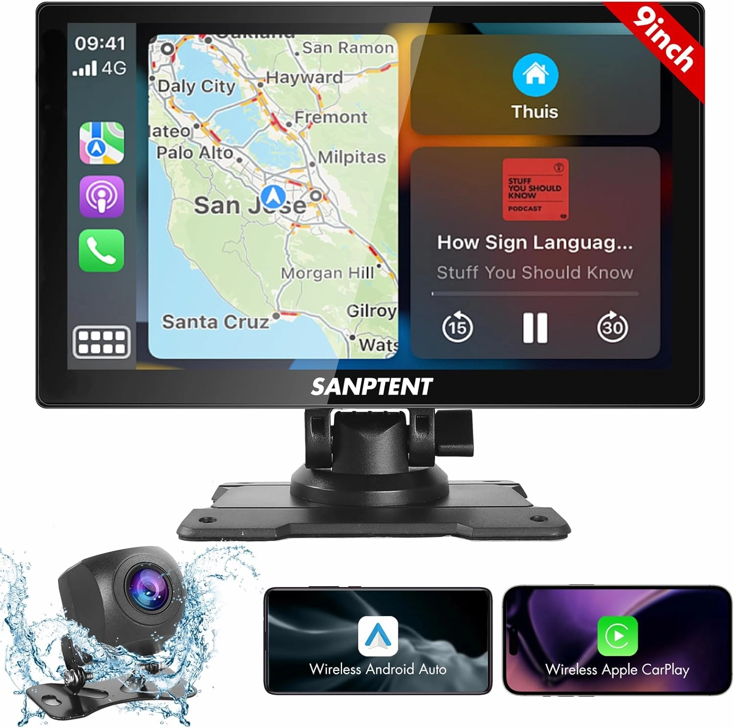 SANPTENT Portable Car Stereo Wireless Apple CarPlay, Android Auto, 9" FHD Touch Screen for Car, Mirror Link, Bluetooth, Drive Play, Siri, FM Transmitter, Car Audio Receivers, Rear Camera/AUX Input wireless audio bridge,Bluetooth transmitter,WiFi audio