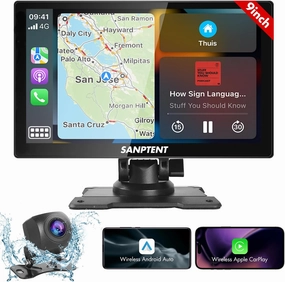 SANPTENT Portable Car Stereo Wireless Apple CarPlay, Android Auto, 9" FHD Touch Screen for Car, Mirror Link, Bluetooth, Drive Play, Siri, FM Transmitter, Car Audio Receivers, Rear Camera/AUX Input wireless audio bridge,Bluetooth transmitter,WiFi audio