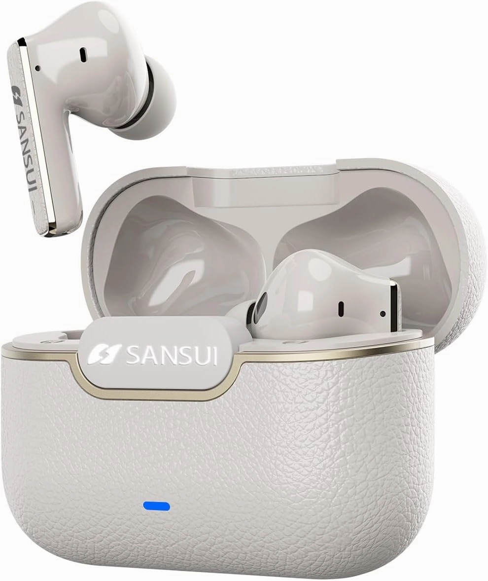 SANSUI Earbuds Wireless Bluetooth 5.4,ANC Noise Cancelling IPX4 Waterproof Stereo Headphones,up to 28 Hours of Battery Life,Deeper Bass,ENC Mics,W28 (Dolomite White) bookshelf speakers,compact stereo speakers,hi-fi shelf speakers,