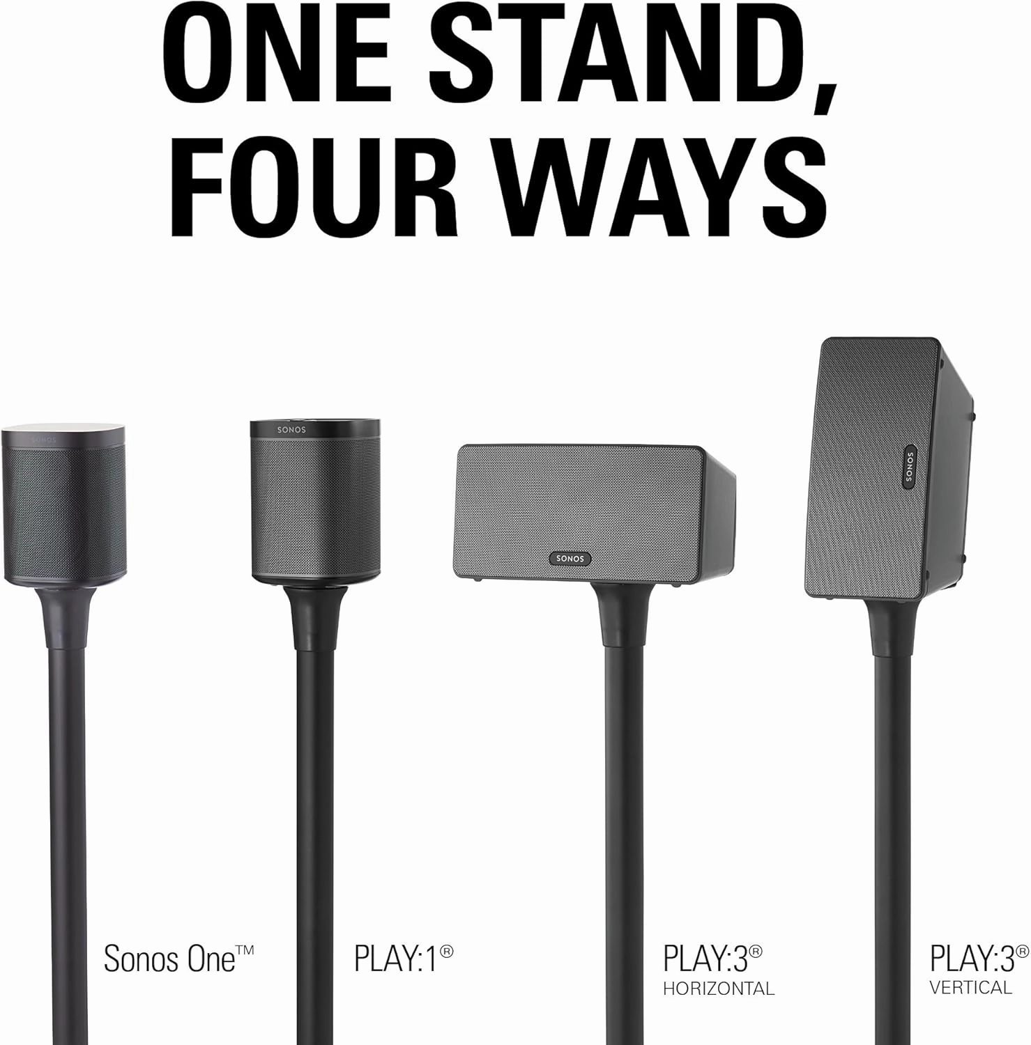 SANUS Wireless Sonos Speaker Stand for Sonos One, Play:1, & Play:3 - Audio-Enhancing Design with Built-in Cable Management - Pair (Black) - WSS22-B1