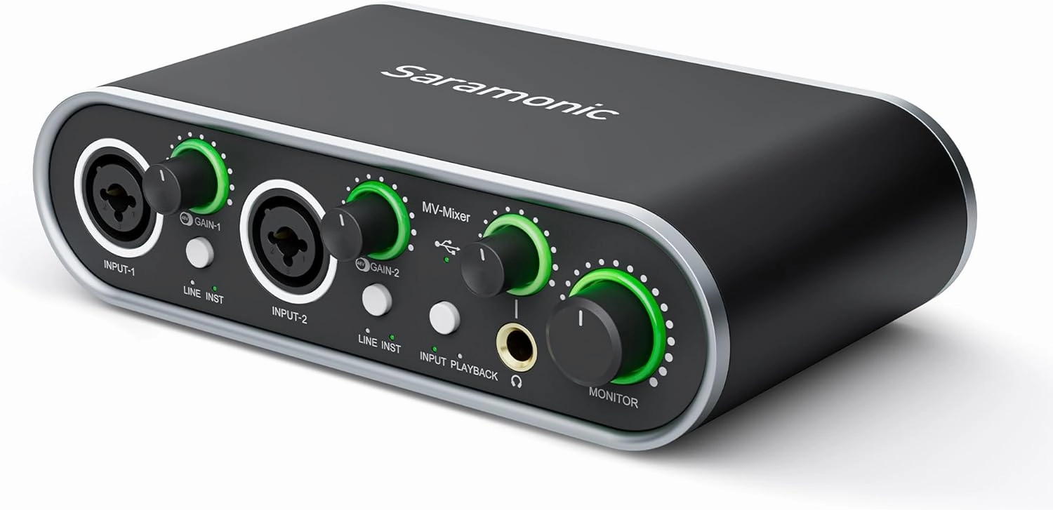 Saramonic MV-Mixer Dual-Channel XLR Audio Interface Mixer for Mac PC Recording Studio Singers Musicians Podcasters Guitar Sound Equipment, Real-Time and Playback Monitoring Music Production Software audio interface,USB interface,music recording input,