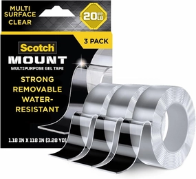 Scotch-Mount Multi-Purpose Gel Tape, Double-Sided Tape for Heavy Duty Applications, Removable Mounting Tape, Nano Tape, Water-Resistant Clear Mounting Tape, Holds up to 20 lbs, 3-Pack speaker wall mount,audio bracket,AV wall mounting,
