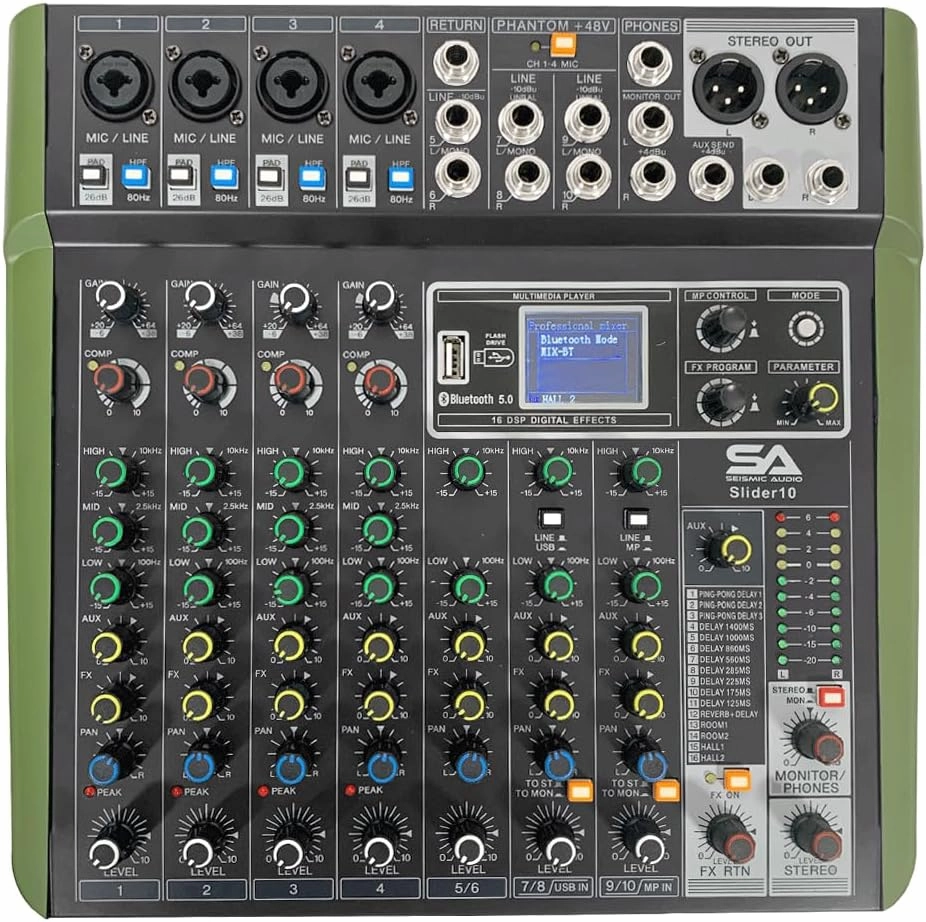 Seismic Audio - Slider10-10 Channel Mixer Console with Bluetooth, USB and Effects mixer console,audio mixing desk,DJ console,