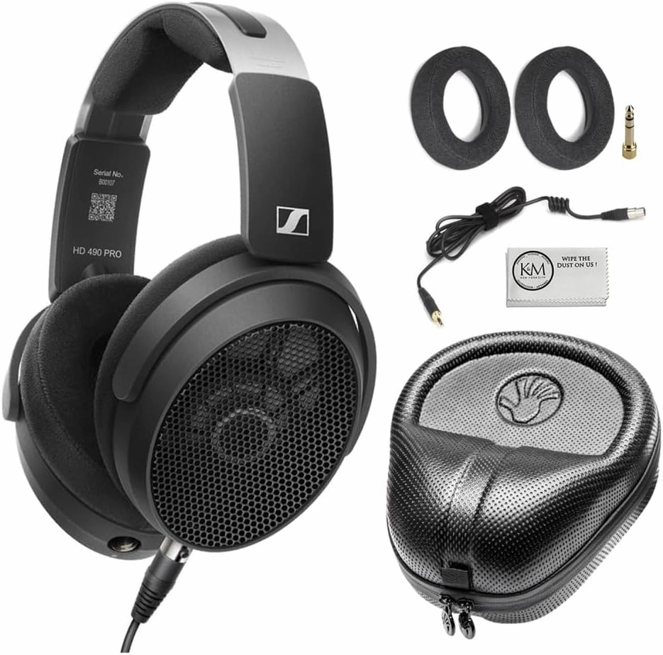 Sennheiser HD 490 PRO Professional Reference Open-Back Studio Headphones Bundled with Headphone Case   Cleaning Cloth (3 Items) reference headphones,neutral sound headphones,monitor headphones,