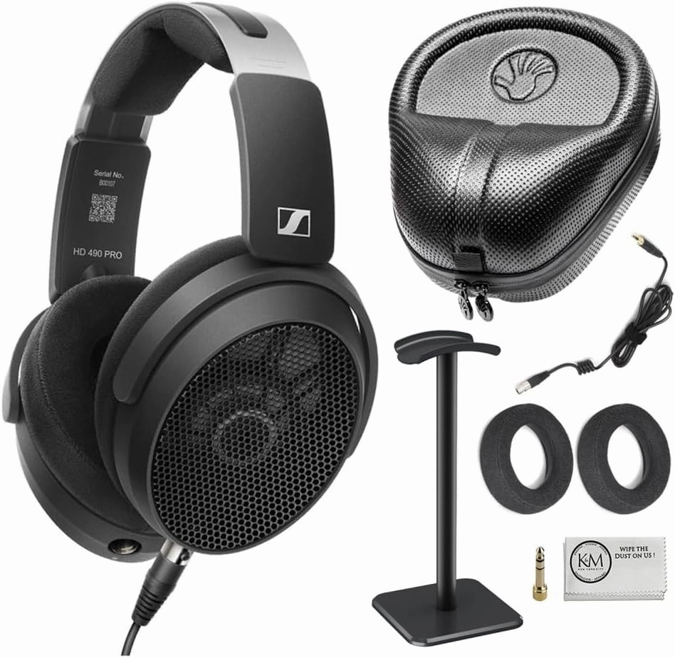 Sennheiser HD 490 PRO Professional Reference Open-Back Studio Headphones Bundled with Headphone Case   Headphones Stand   Cleaning Cloth (4 Items) reference headphones,neutral sound headphones,monitor headphones,