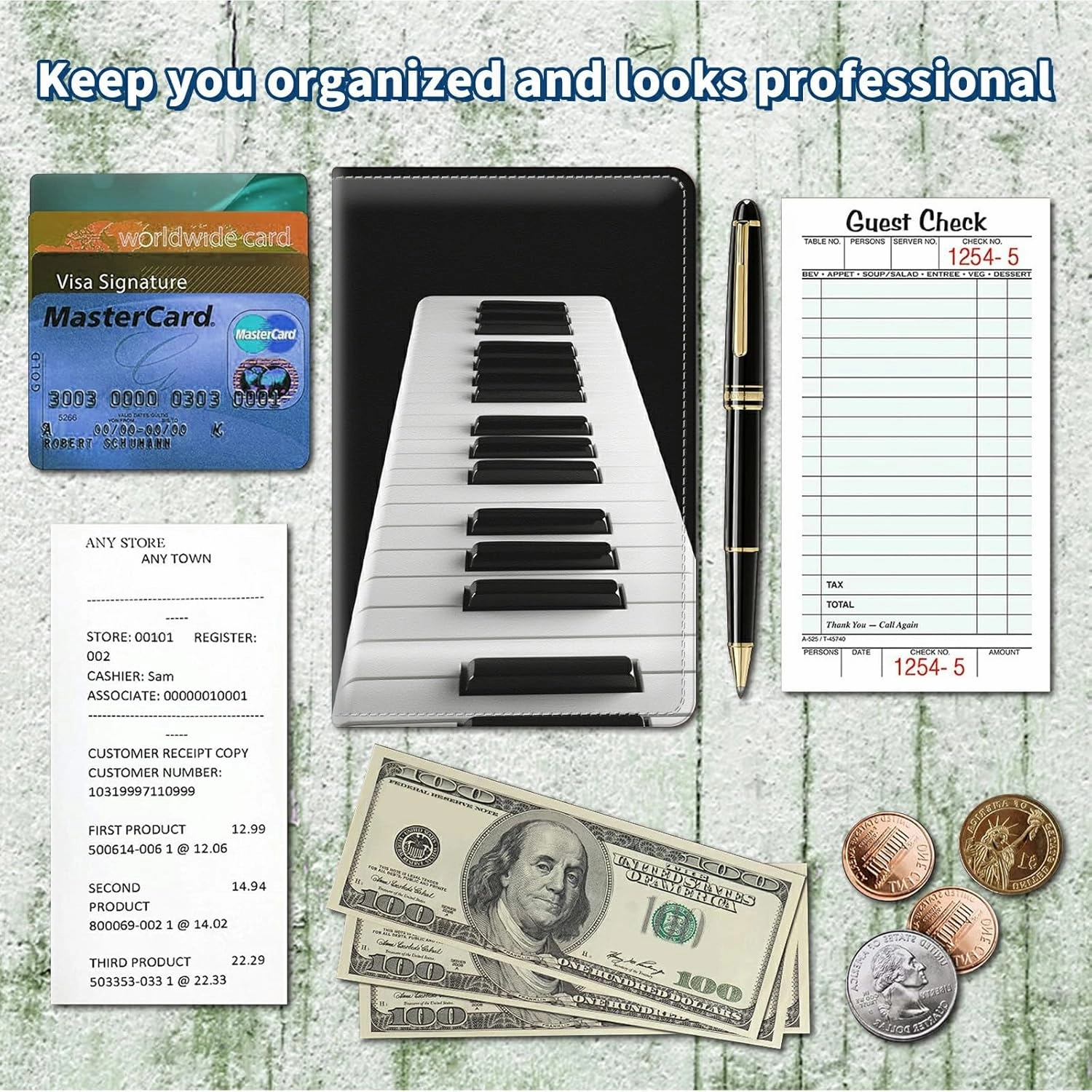 Server Books for Waitress 5 x 7.75 inch Black Server Book with Zipper Pocket and 5 Large Pockets 1 Pen Holder Cute Waitress Book Organizer Fit Server Apron - Music