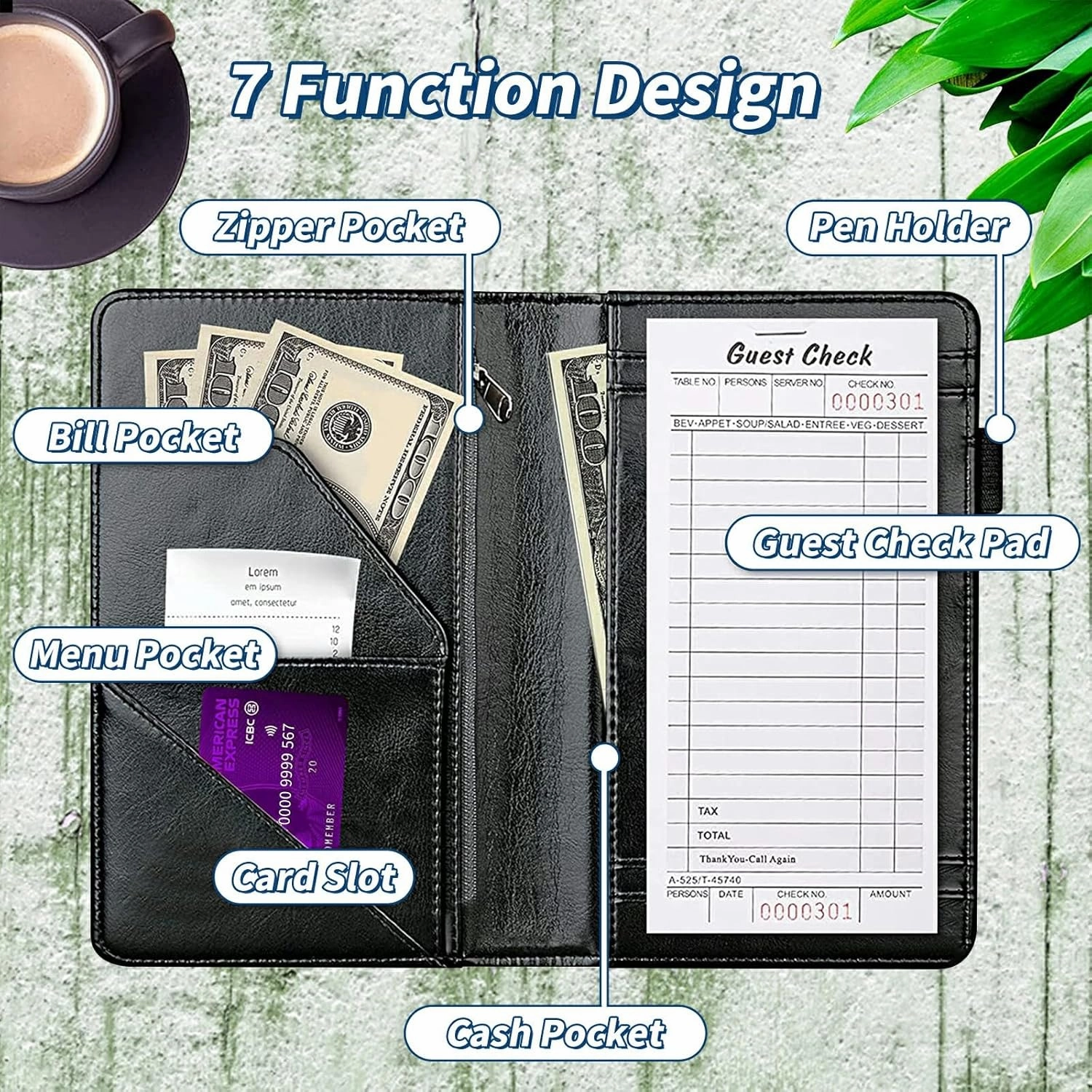 Server Books for Waitress 5 x 7.75 inch Black Server Book with Zipper Pocket and 5 Large Pockets 1 Pen Holder Cute Waitress Book Organizer Fit Server Apron - Music